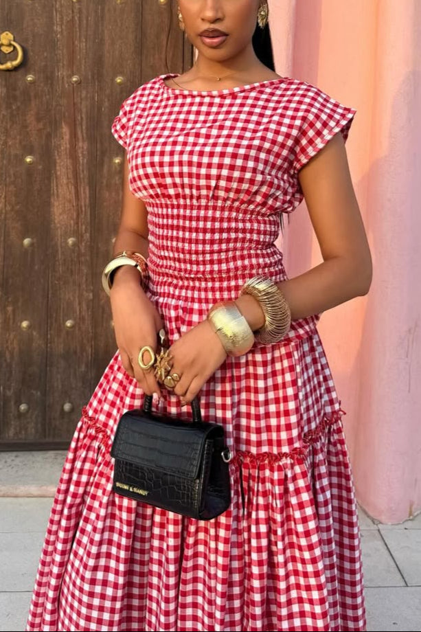 Red Gingham Tiered Maxi Dress