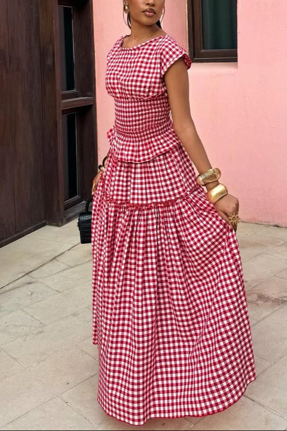 Red Gingham Tiered Maxi Dress