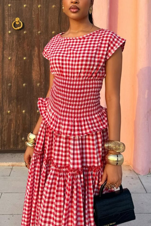 Red Gingham Tiered Maxi Dress
