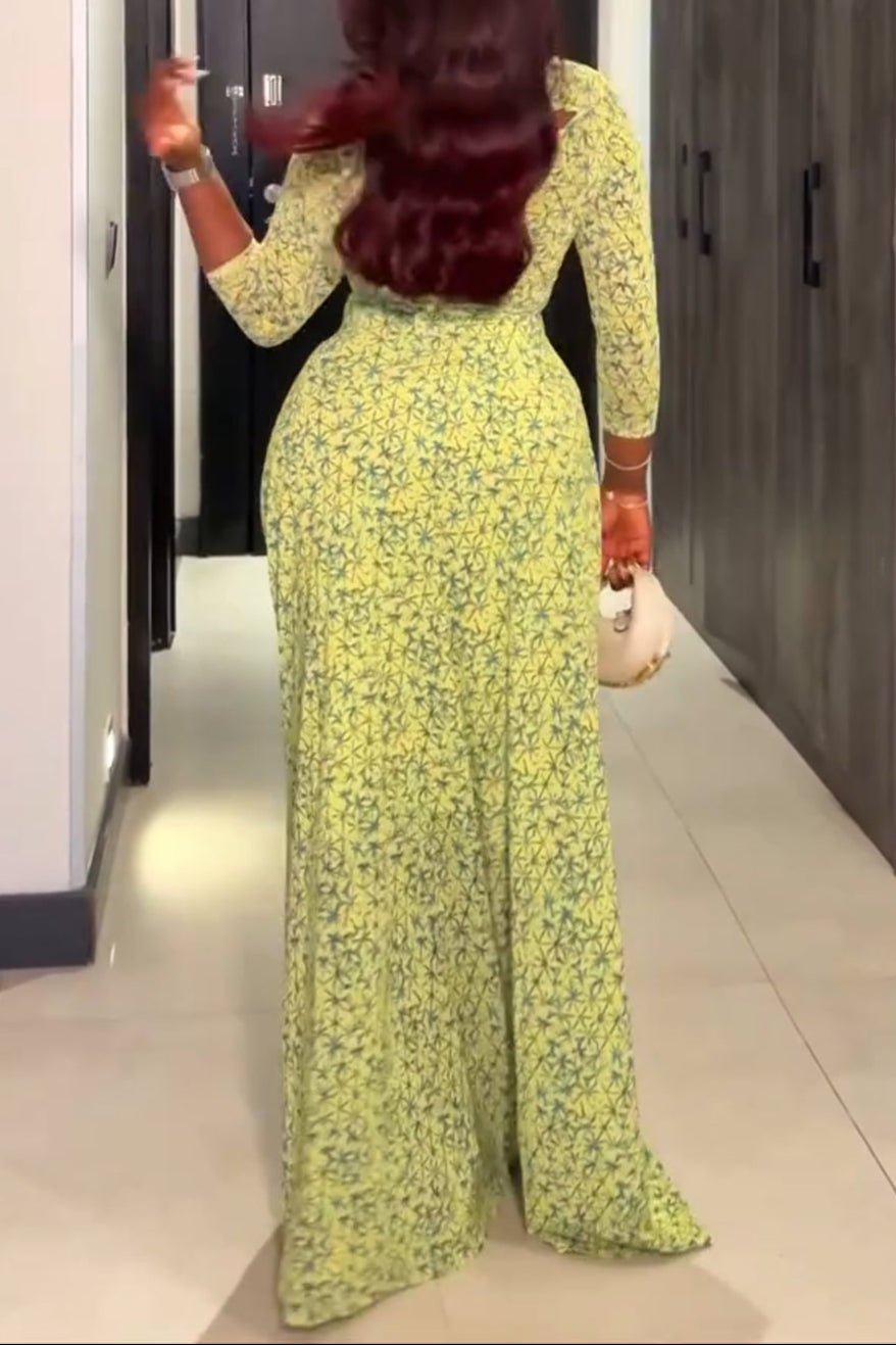 Floral Asymmetrical Shoulder Long Sleeve Waist-Cinched Maxi Dress