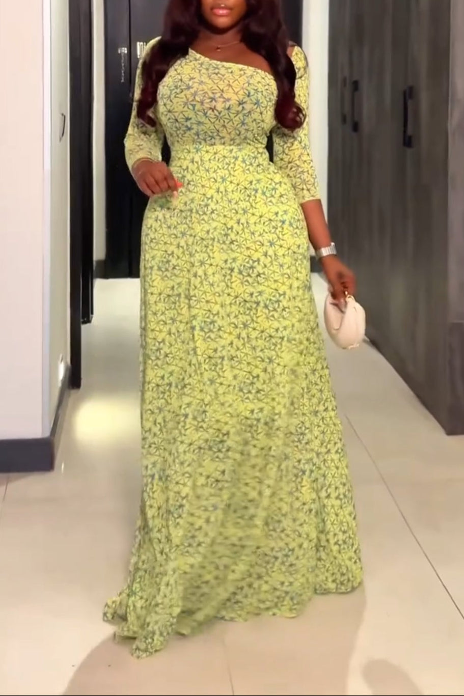 Floral Asymmetrical Shoulder Long Sleeve Waist-Cinched Maxi Dress