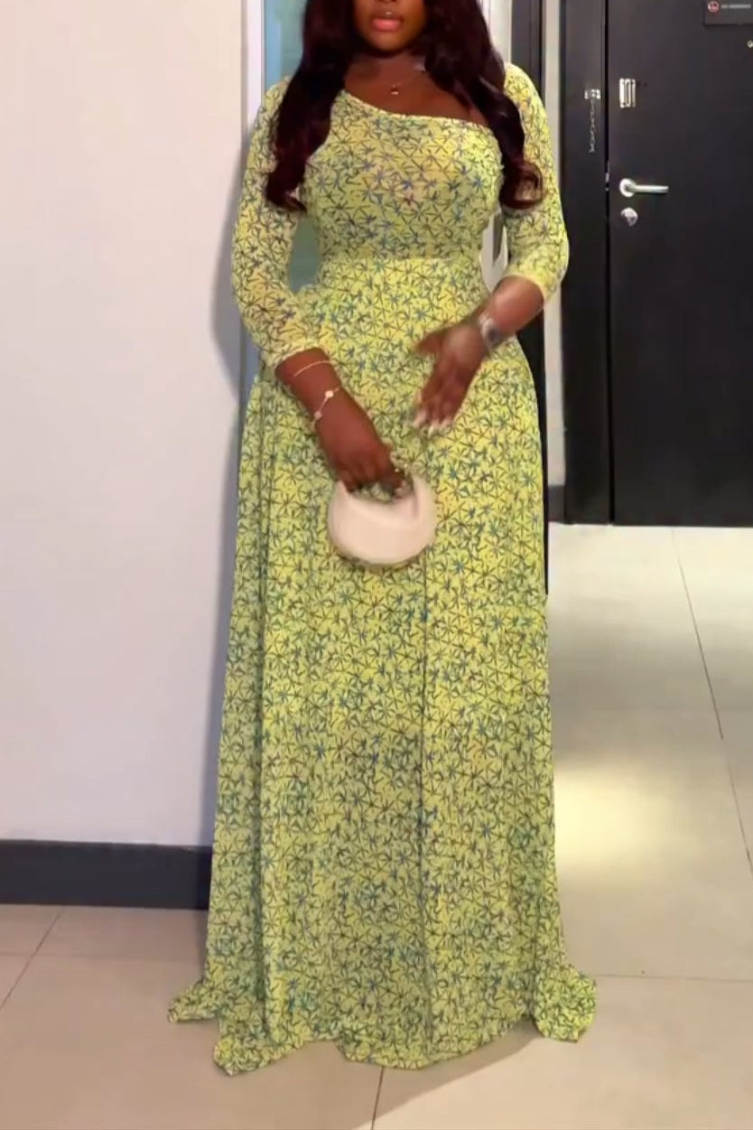 Floral Asymmetrical Shoulder Long Sleeve Waist-Cinched Maxi Dress