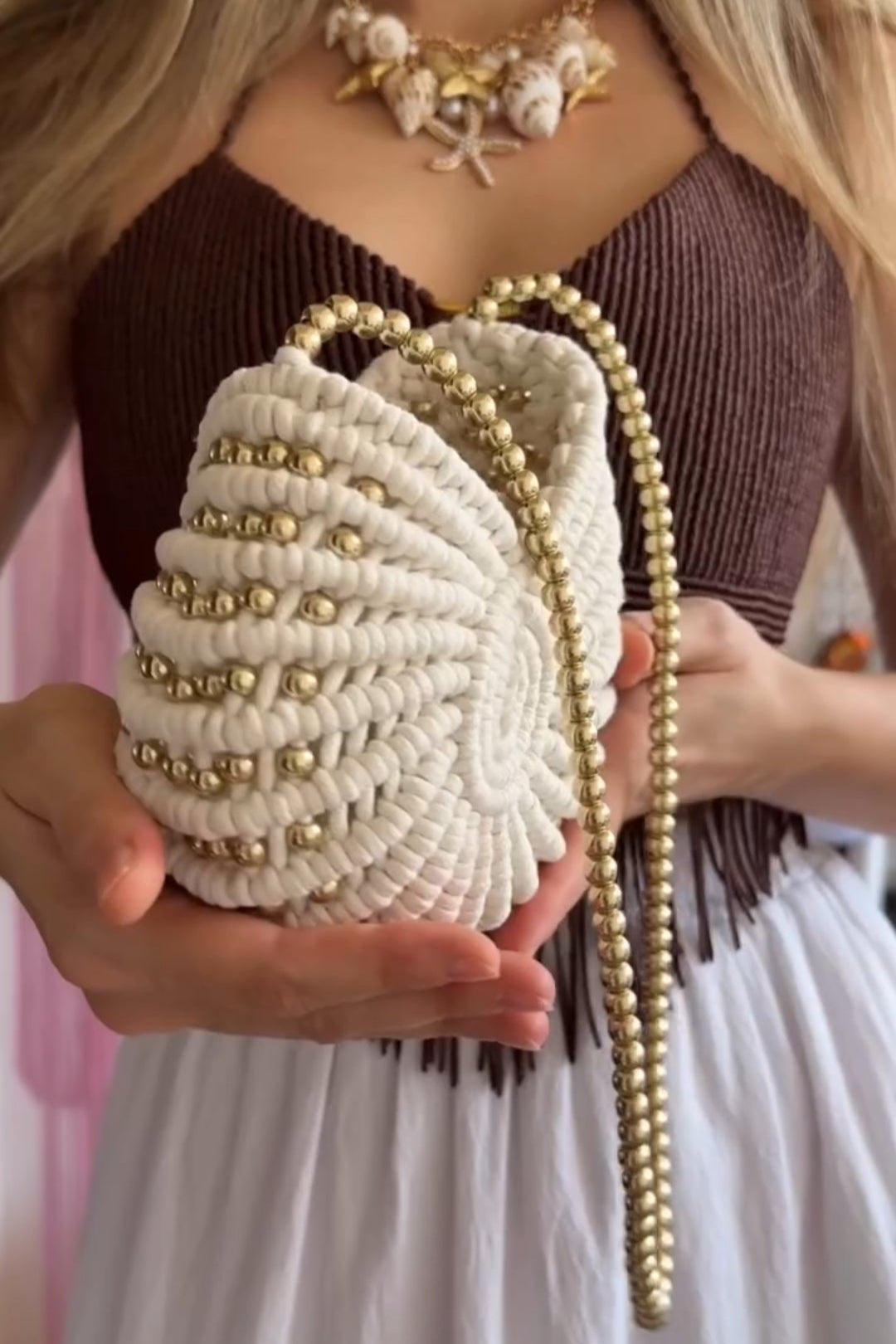 Handwoven Beaded Spiral Seashell Crossbody Bag