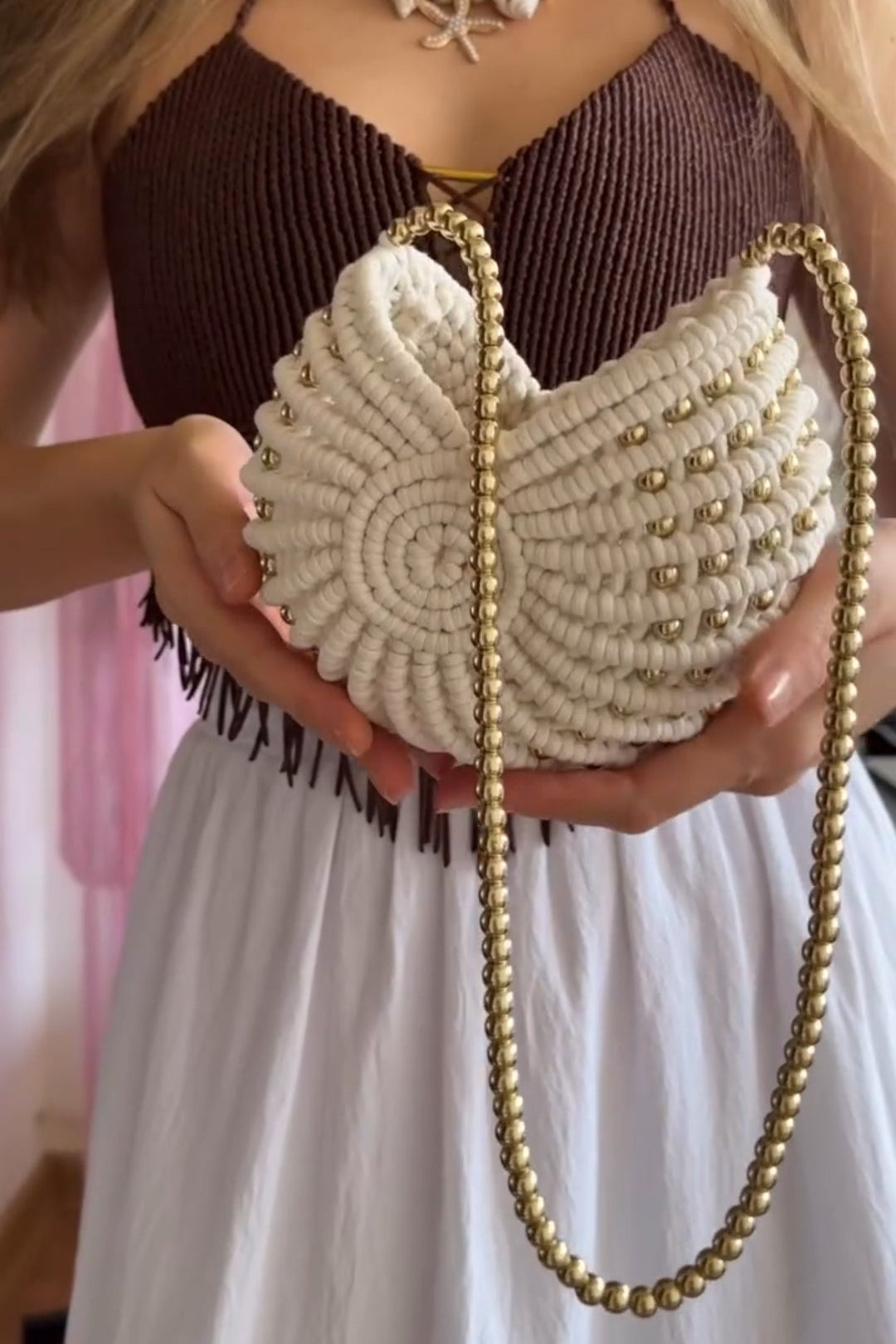 Handwoven Beaded Spiral Seashell Crossbody Bag