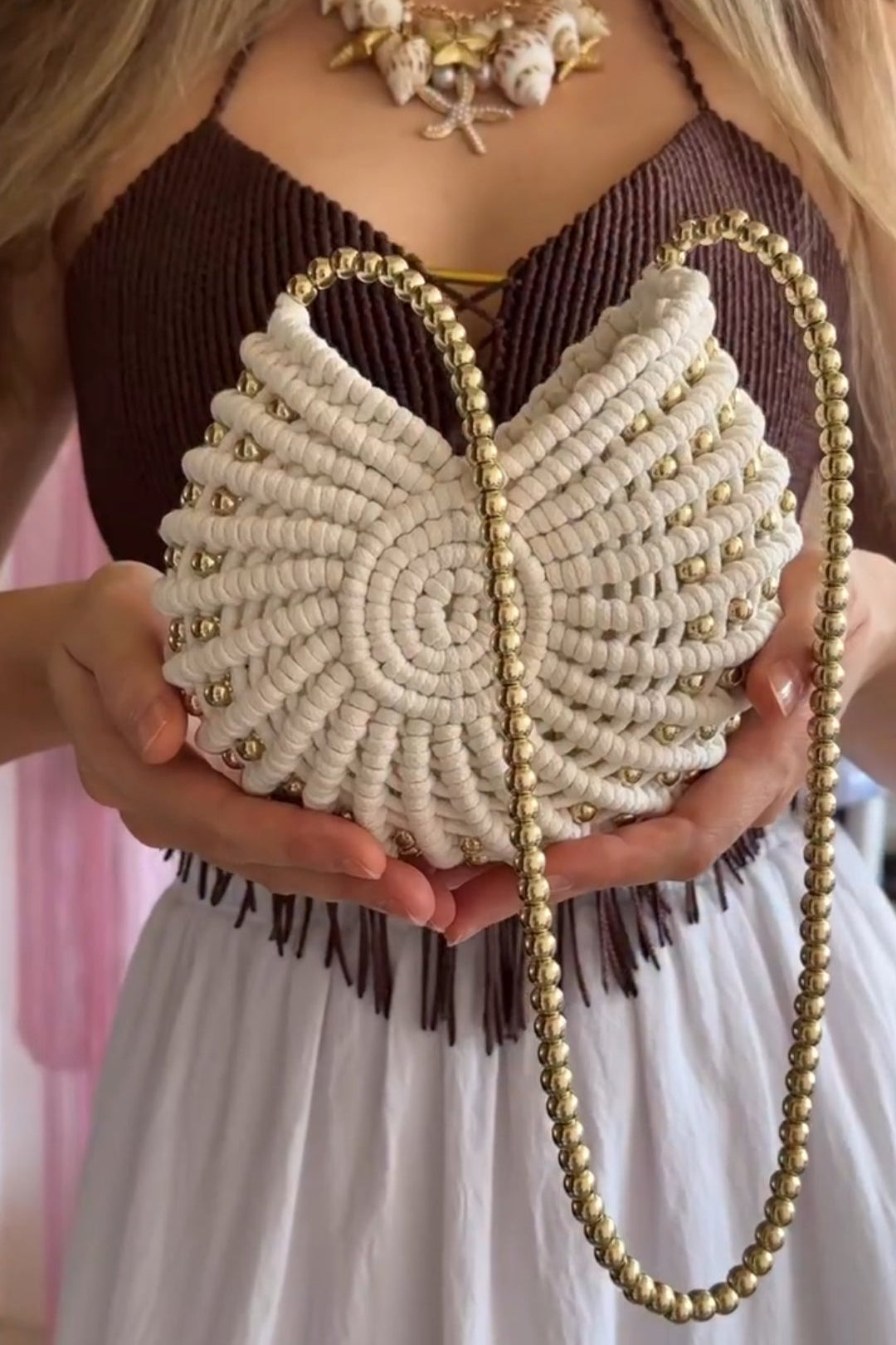 Handwoven Beaded Spiral Seashell Crossbody Bag