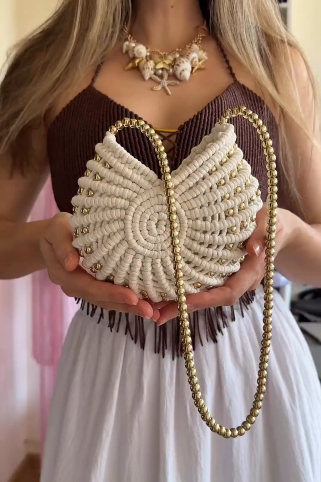 Handwoven Beaded Spiral Seashell Crossbody Bag