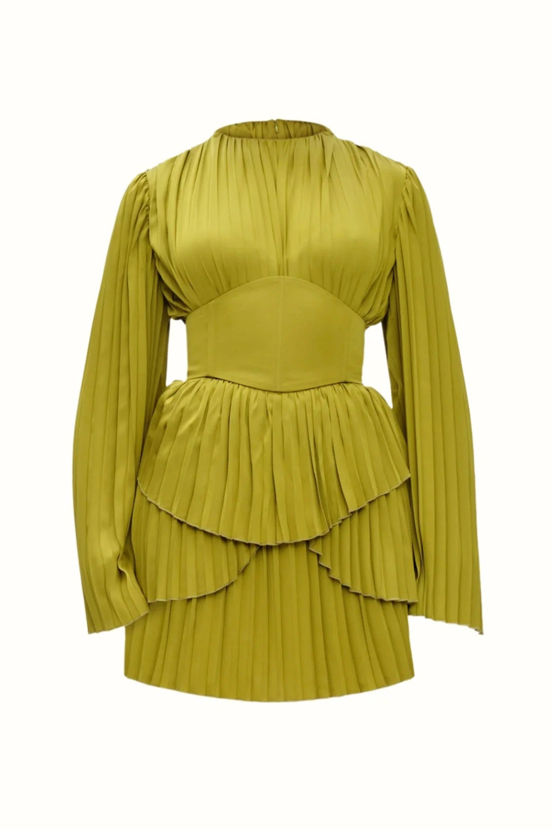 Fully Ruched Long Sleeve Lime Mini Dress with Cinched Waist