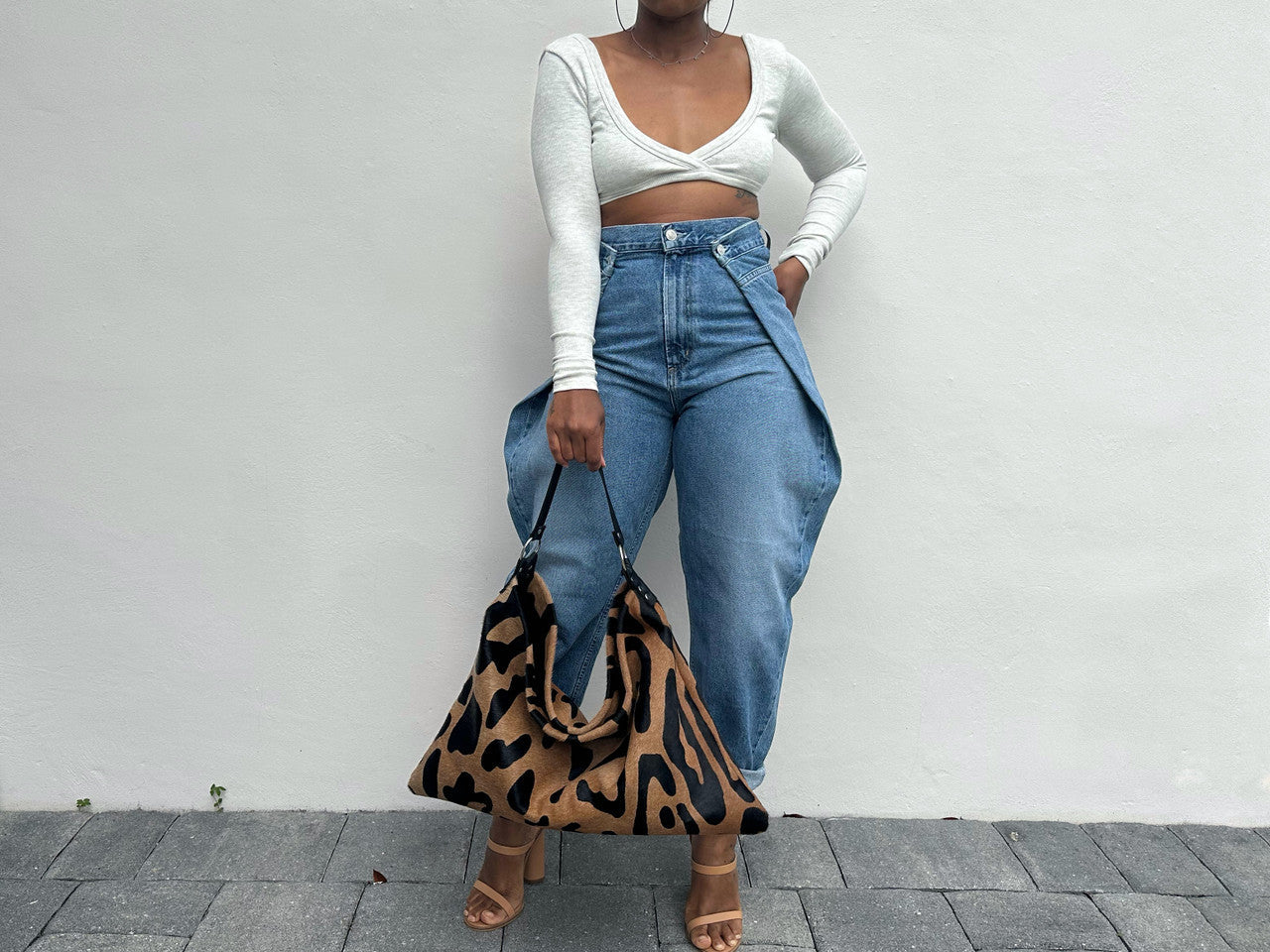 Wide-Leg Cuffed Jeans with Fold-Over Buttoned Waist