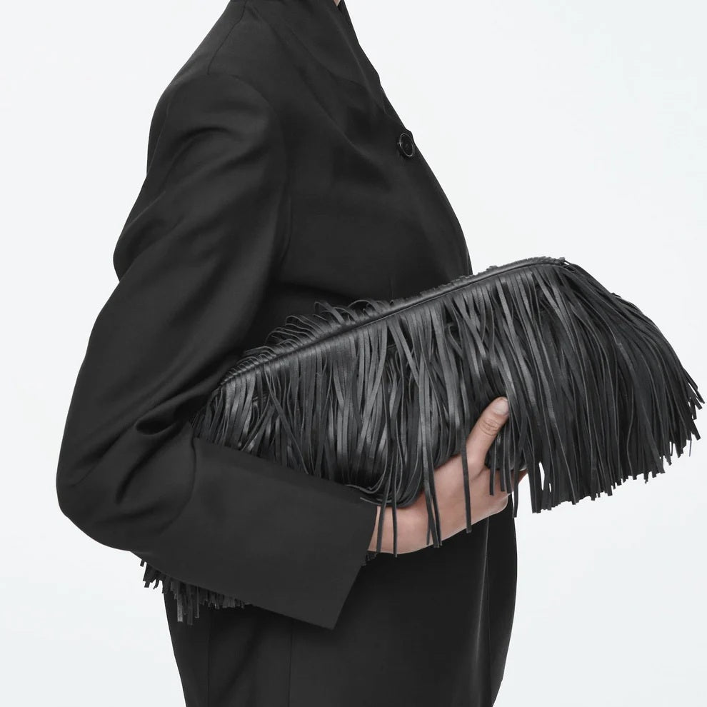 Tasselled Framed Leather Clutch Bag