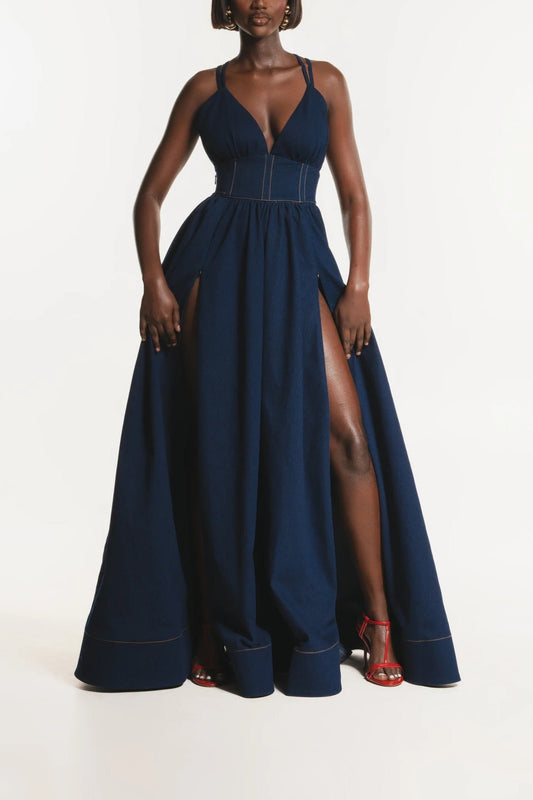 Denim Maxi Dress With Double Spaghetti Straps