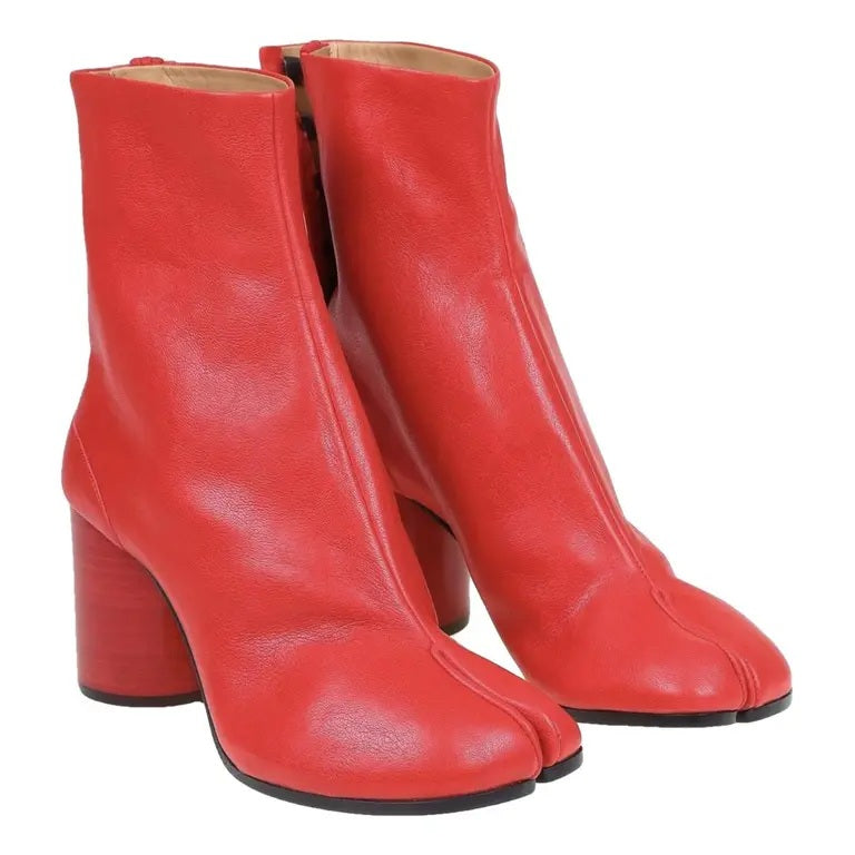 Red Leather Block Heel Tabi Boots