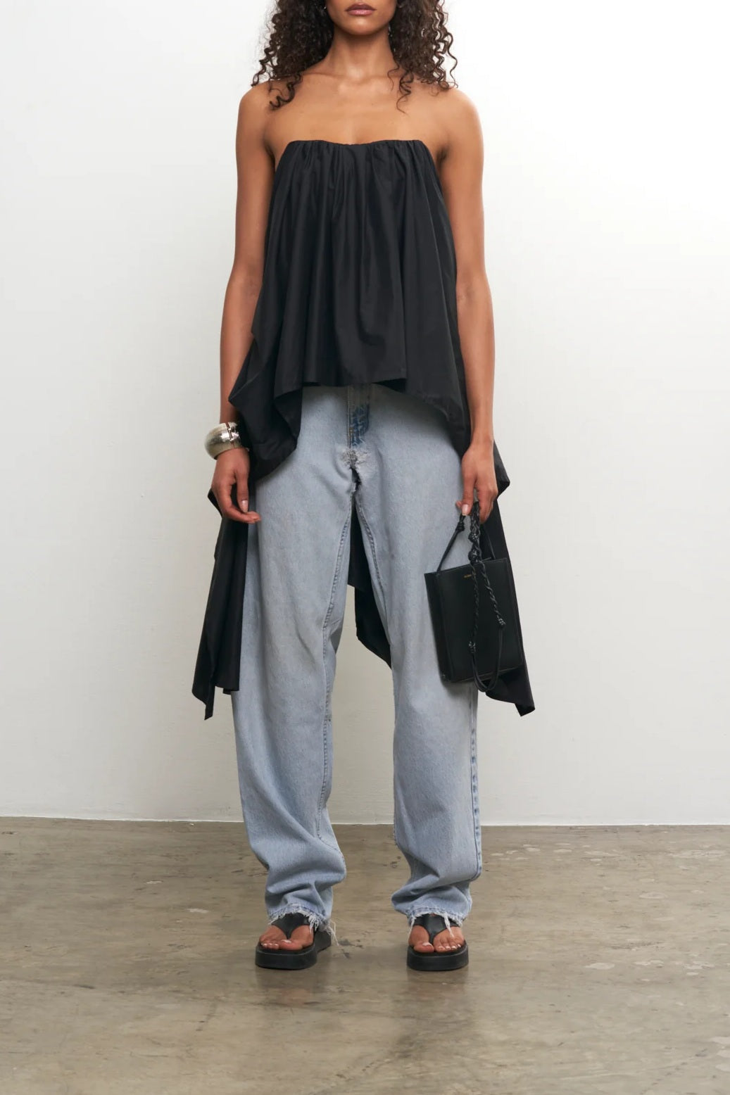 Black Strapless Top With Structured Draping