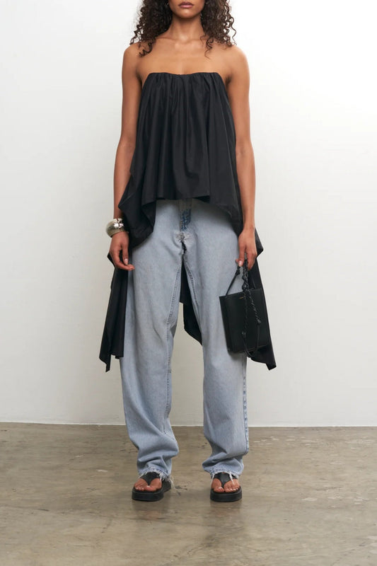 Black Strapless Top With Structured Draping