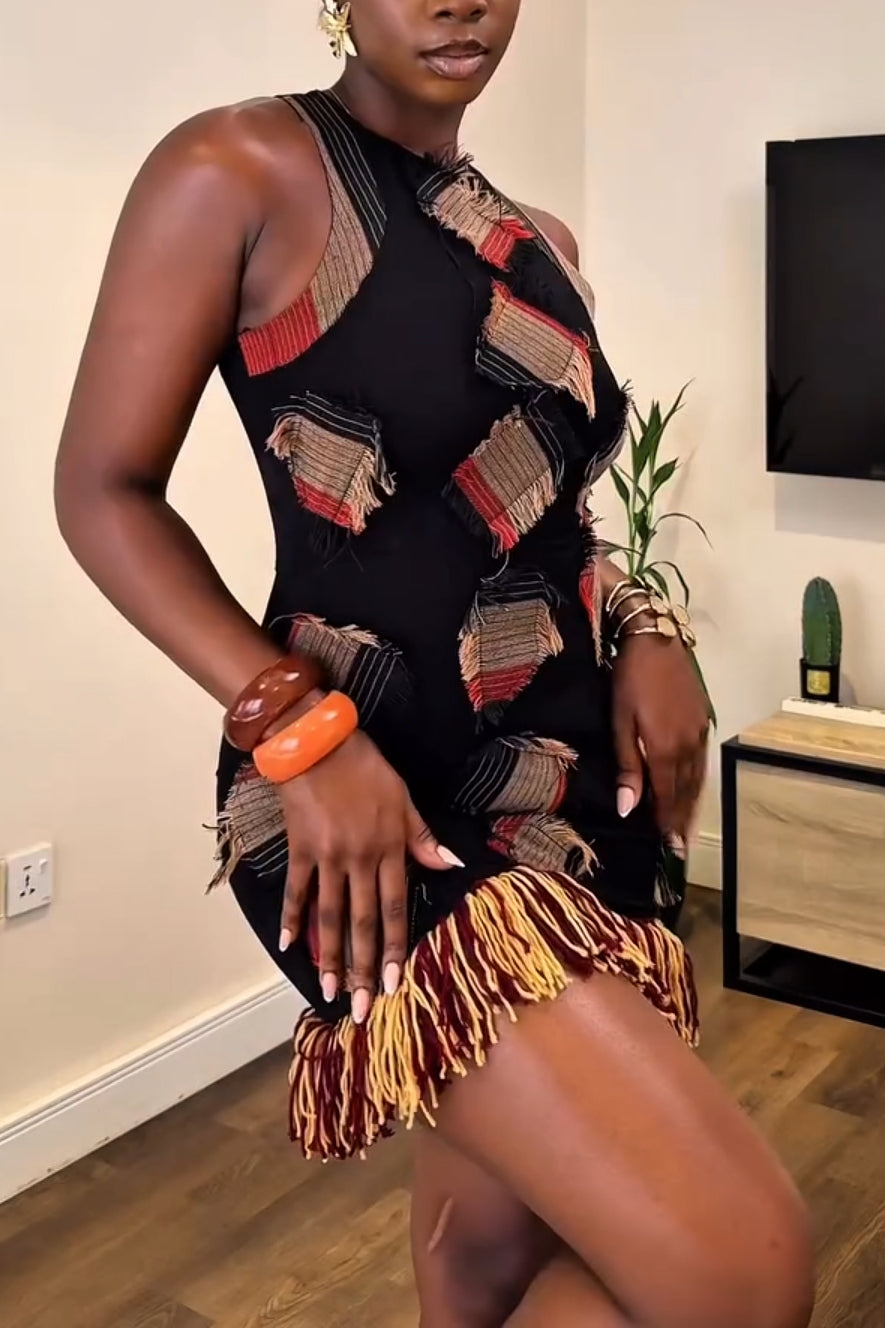 Statement Patchwork Fringe Trim Mini Dress