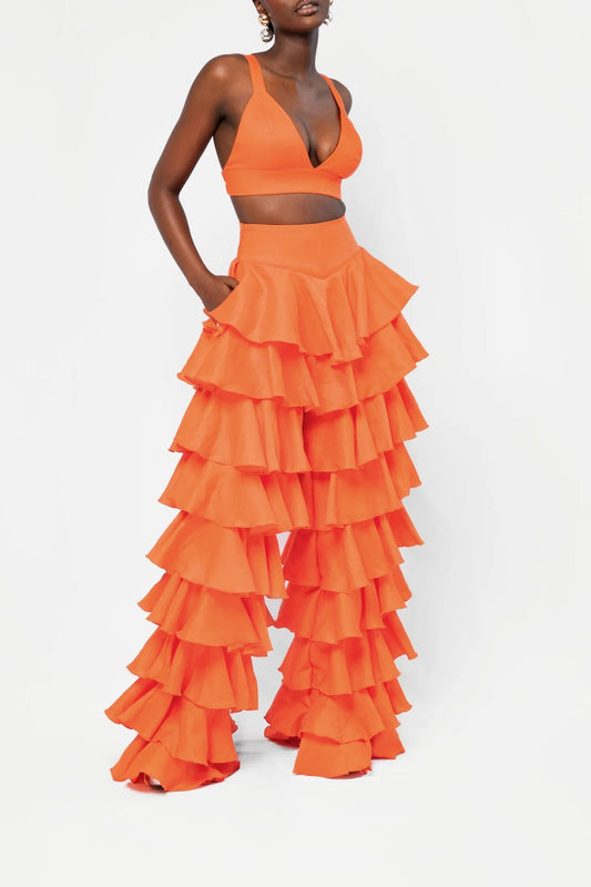 Orange Bra Top & Ruffle Pants Set