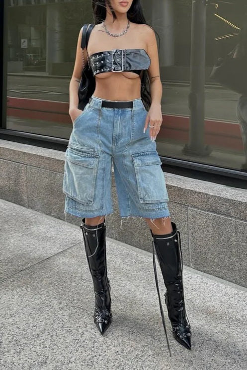 Denim Cargo Jorts - Light Wash