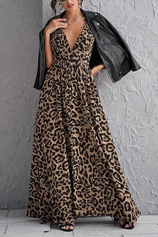 Deep V Neck Leopard Crisscross Backless Beach Maxi Dress