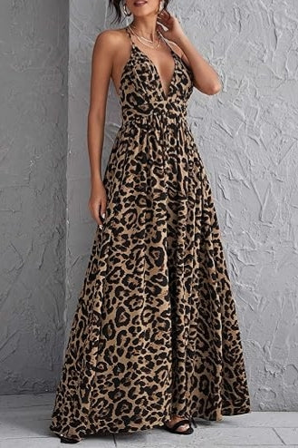 Deep V Neck Leopard Crisscross Backless Beach Maxi Dress