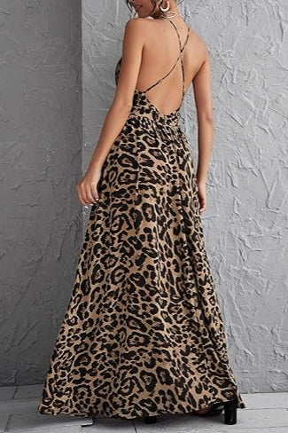 Deep V Neck Leopard Crisscross Backless Beach Maxi Dress