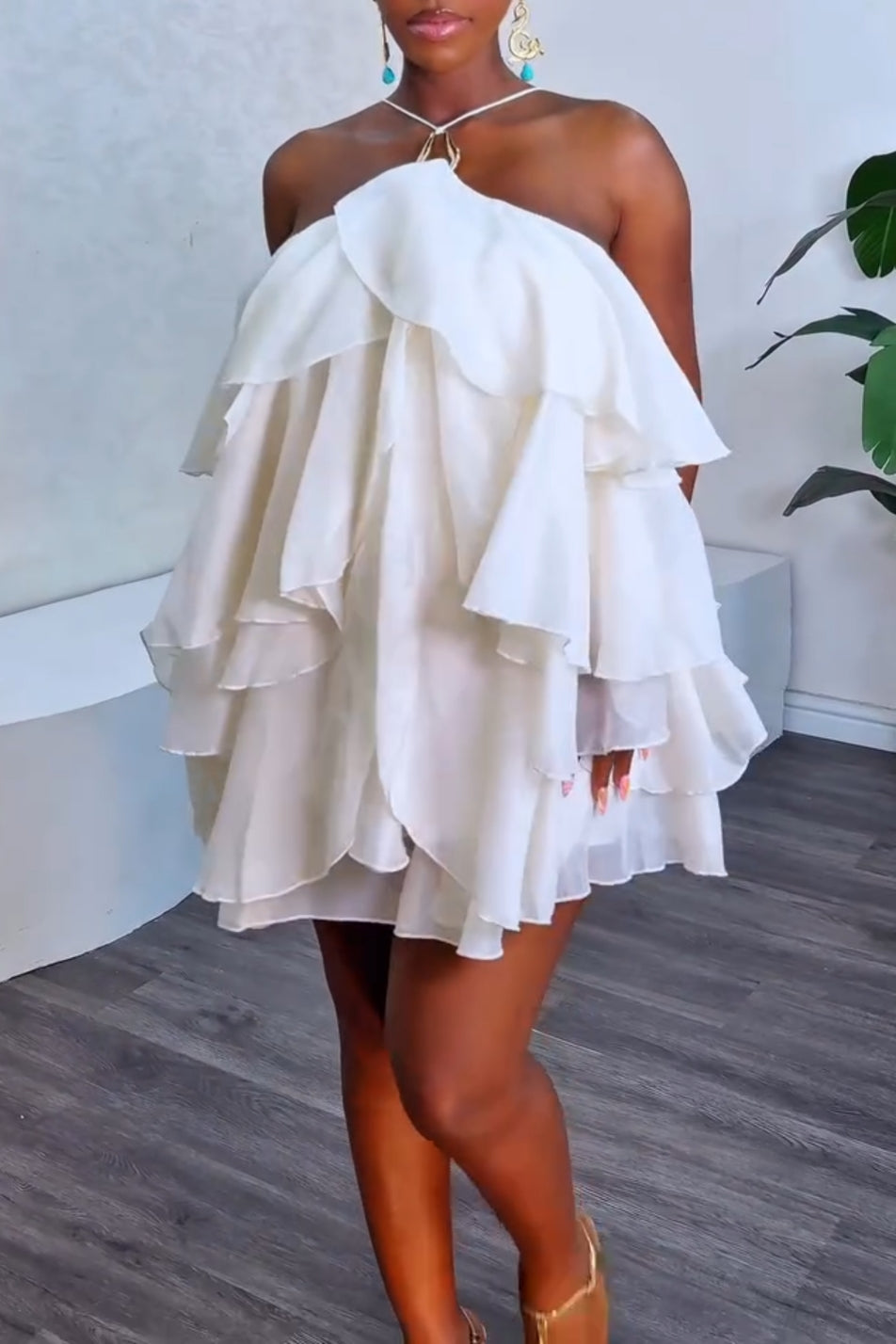 White Layered Ruffle Off-Shoulder Halter Mini Dress
