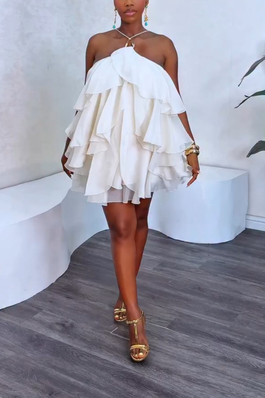 White Layered Ruffle Off-Shoulder Halter Mini Dress