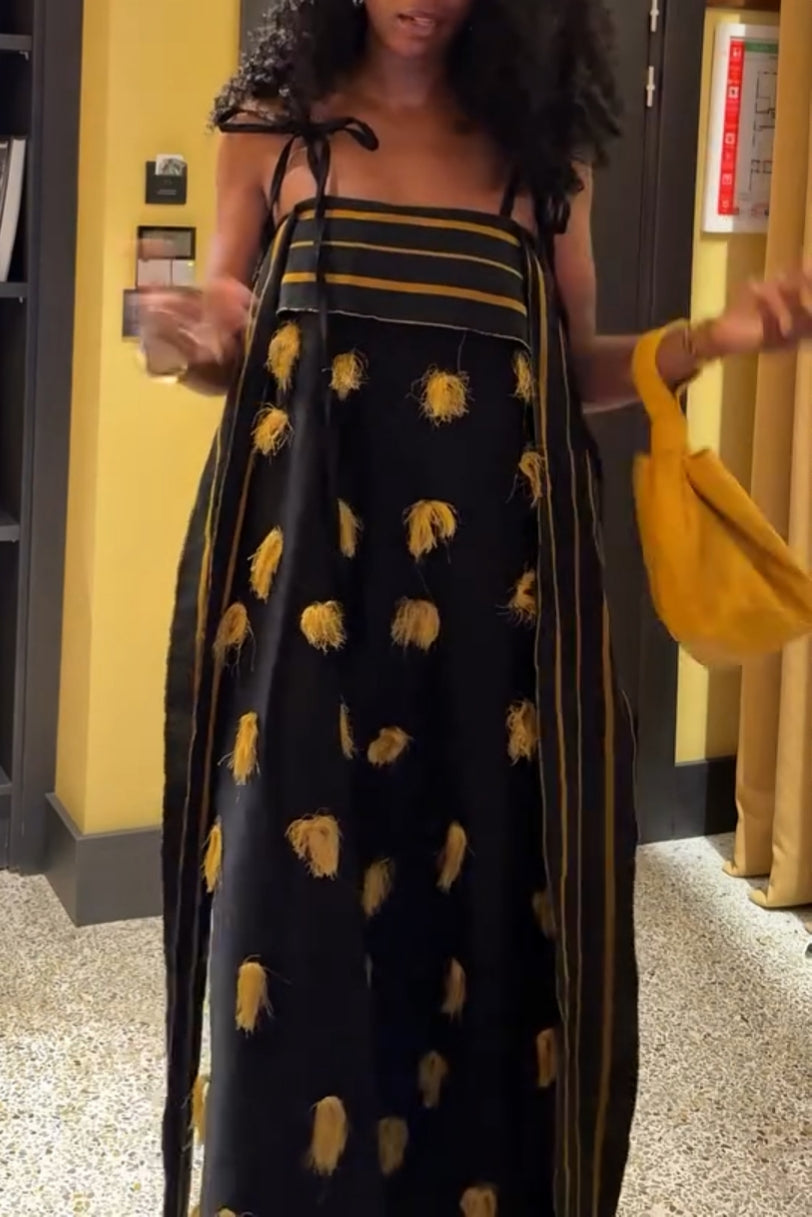 Black Spaghetti Strap Tassel Embroidered Asymmetrical Midi Dress