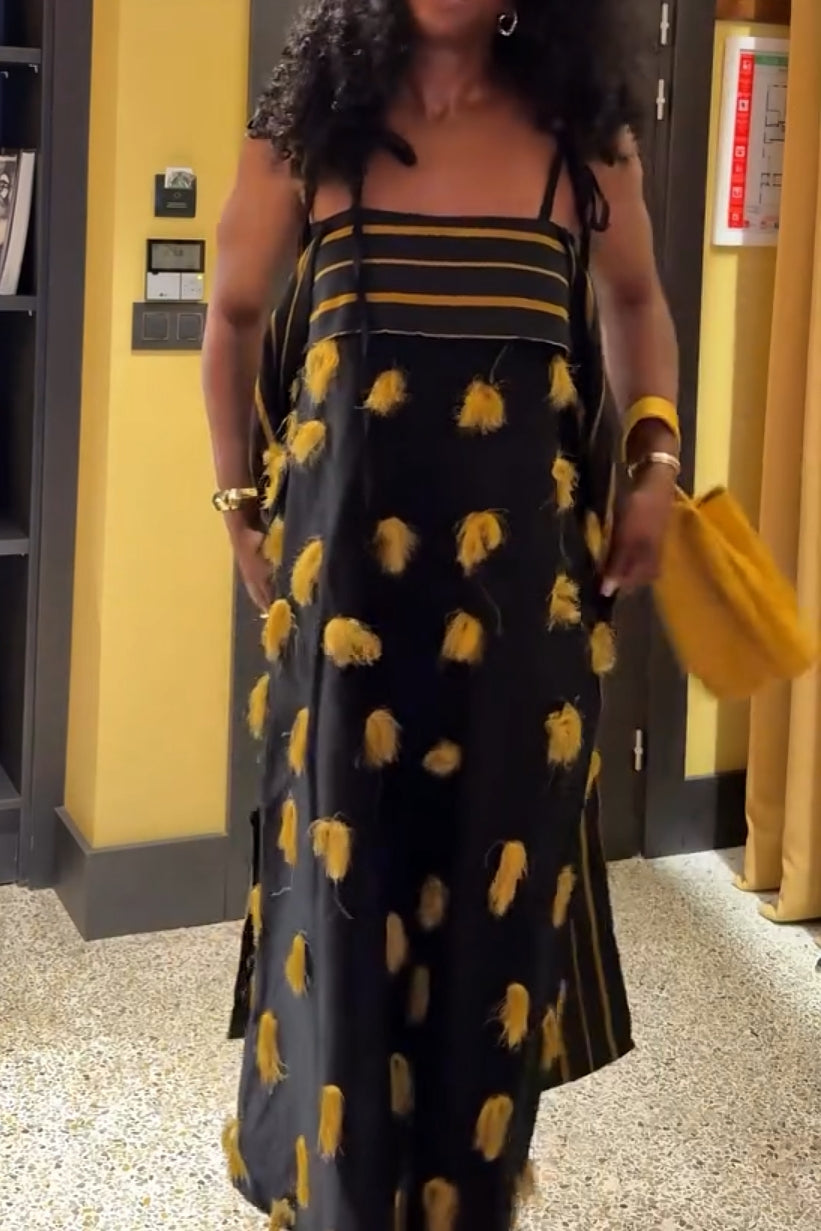 Black Spaghetti Strap Tassel Embroidered Asymmetrical Midi Dress