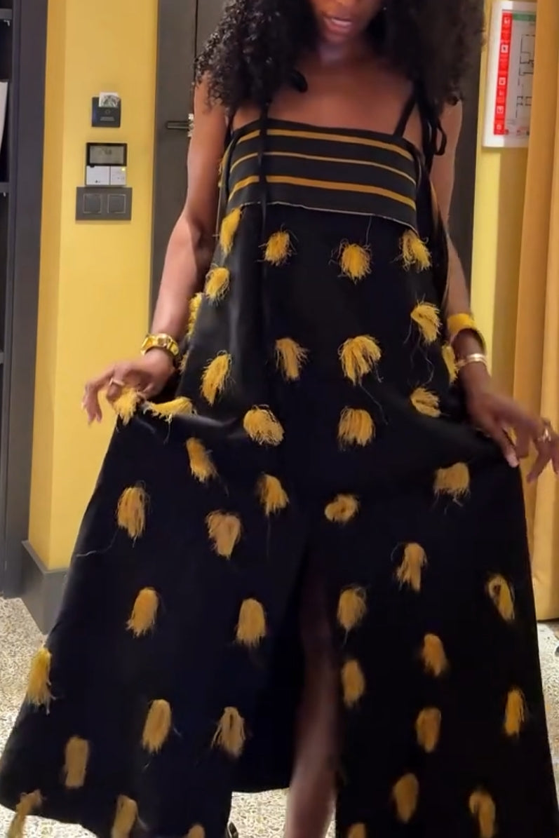 Black Spaghetti Strap Tassel Embroidered Asymmetrical Midi Dress