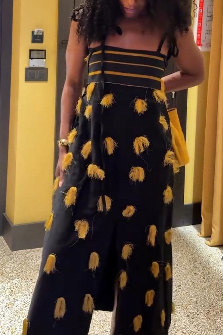 Black Spaghetti Strap Tassel Embroidered Asymmetrical Midi Dress