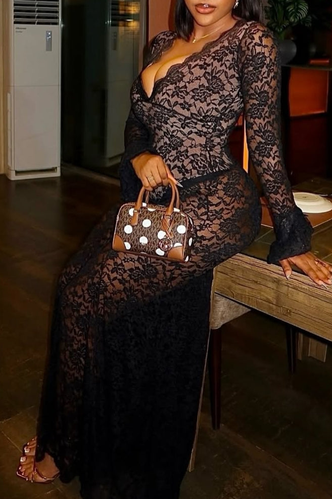 Sexy Deep V Lace Mesh Maxi Dress