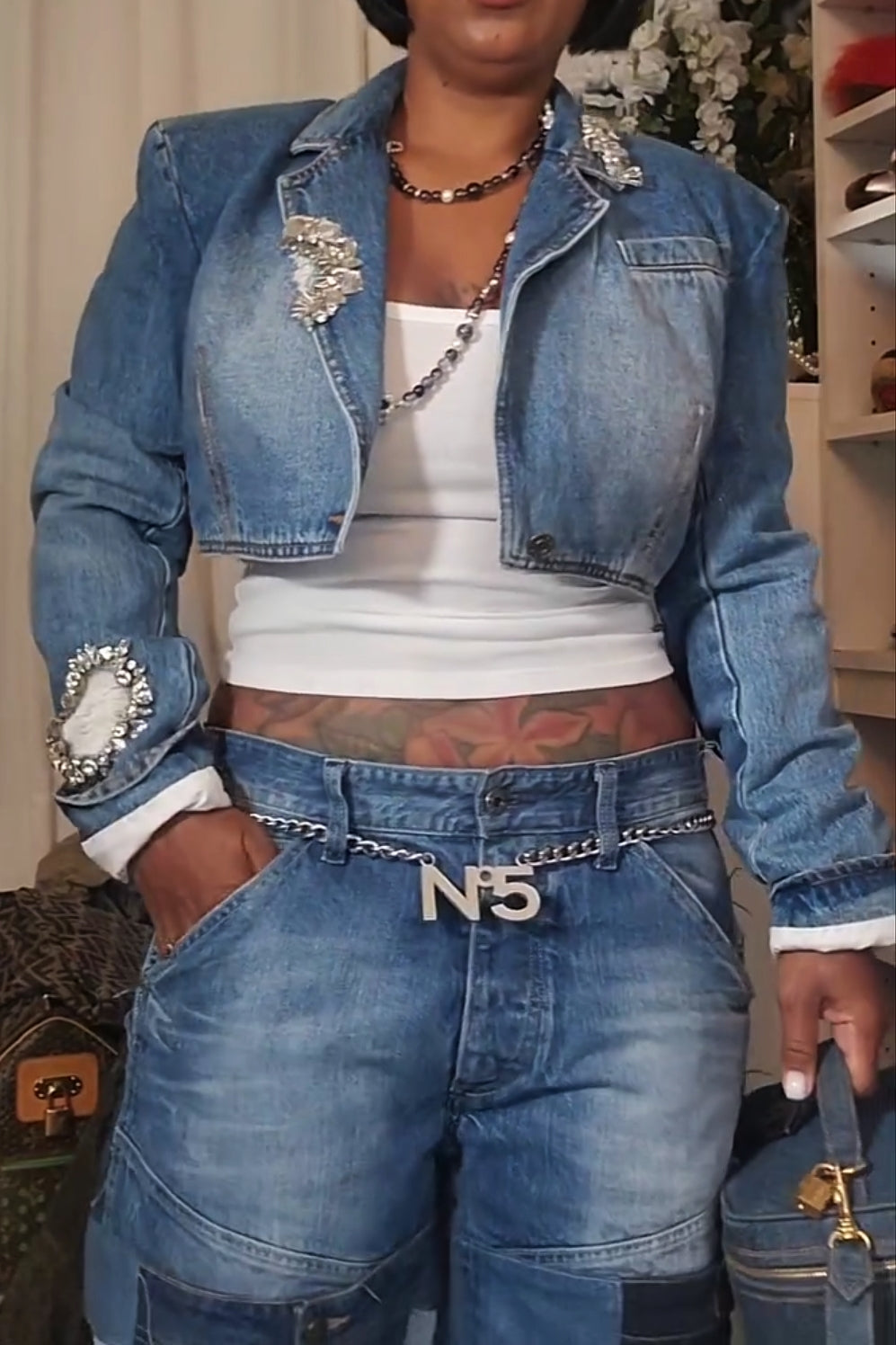 Distressed Crystal Open-back Demin Cropped Blazer