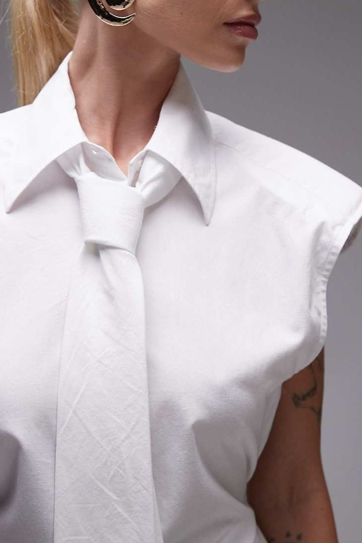 Shoulder Pad Sleeveless Shirt With Tie