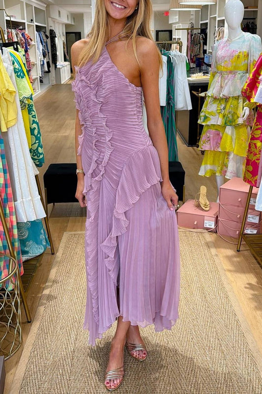 Elegant Purple Halter A Line Prom Gowns Ruffles Tiered Backless Party Gown