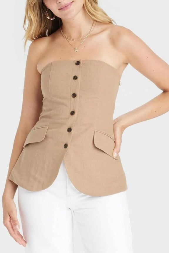 Button-Front Strapless Bustier Top