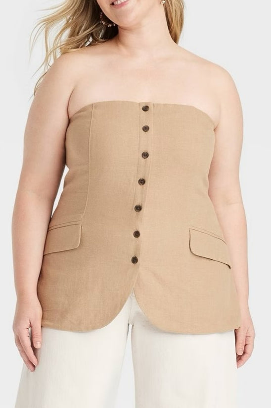 Button-Front Strapless Bustier Top