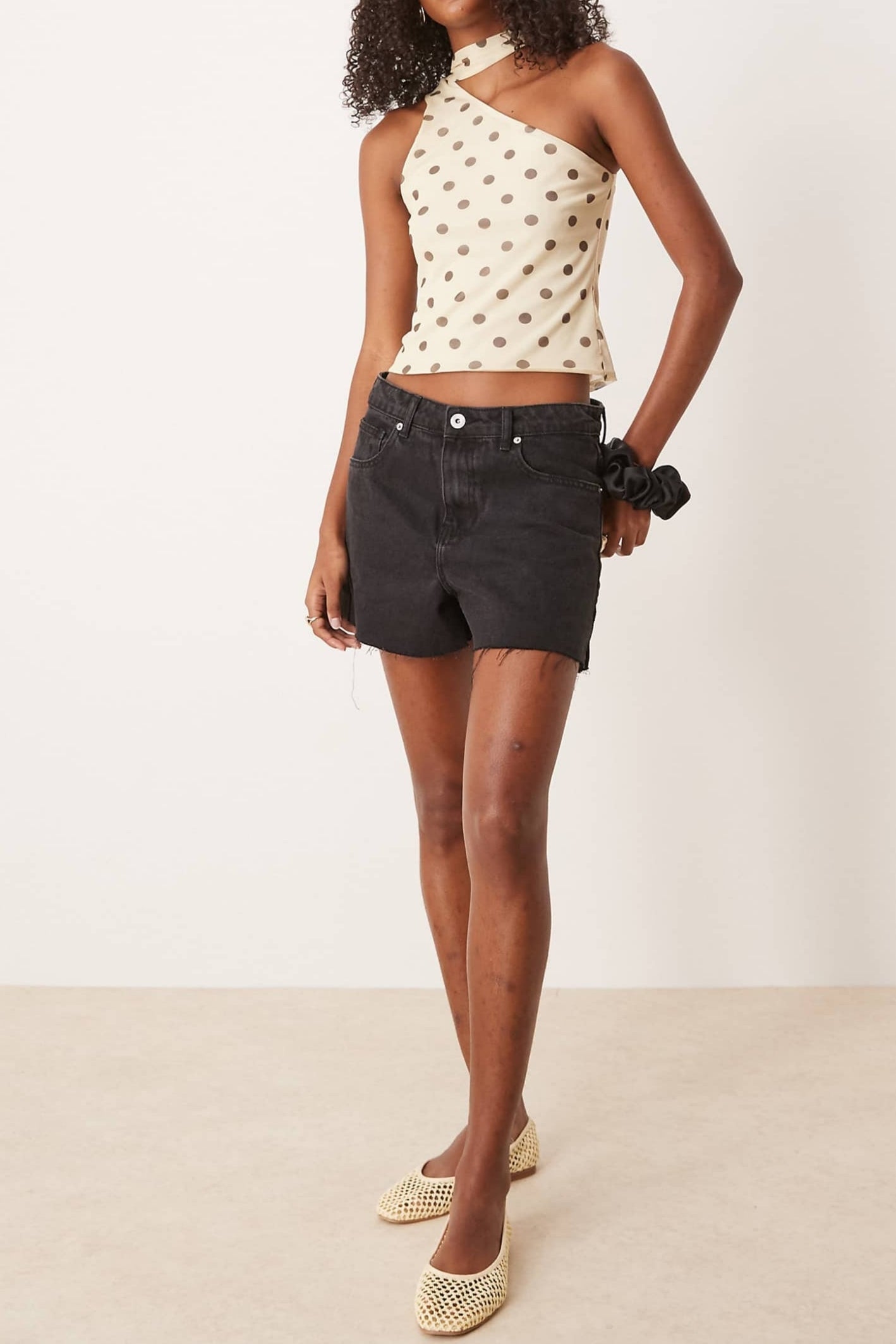 Mesh One-shoulder Scarf Detail Top In Cream Dot Print