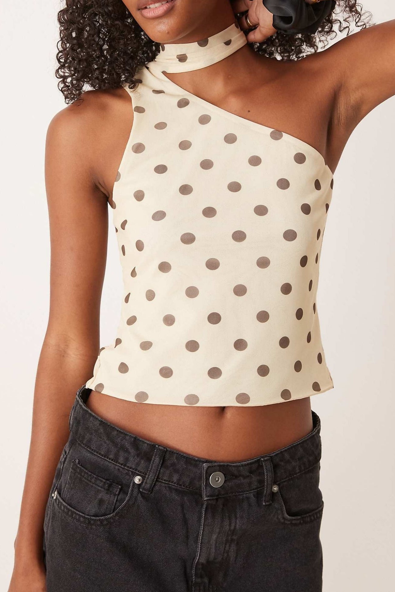 Mesh One-shoulder Scarf Detail Top In Cream Dot Print