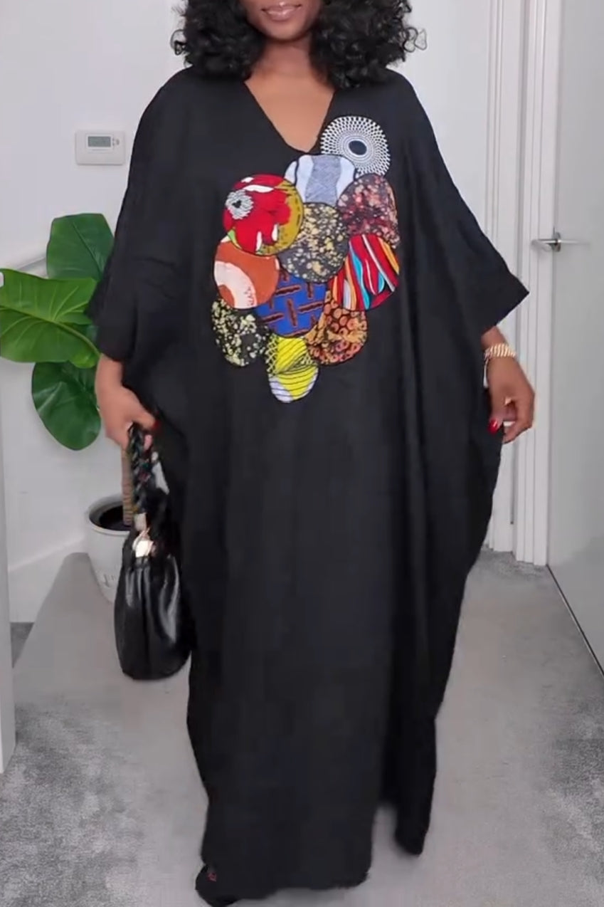 Bohemian V-Neck Maxi Kaftan Dress with Colorful Patchwork Print