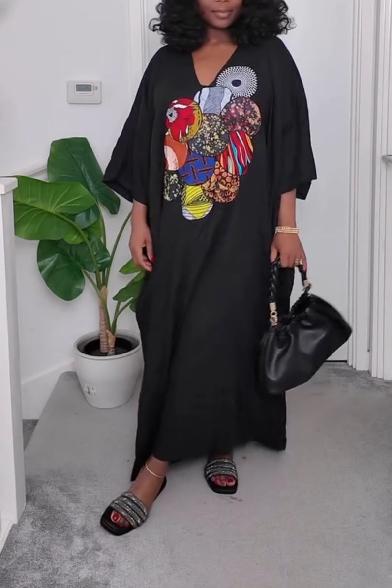 Bohemian V-Neck Maxi Kaftan Dress with Colorful Patchwork Print