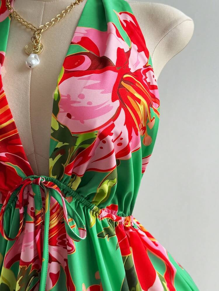 Halter Print Backless Vacation Dress Mini-Dress