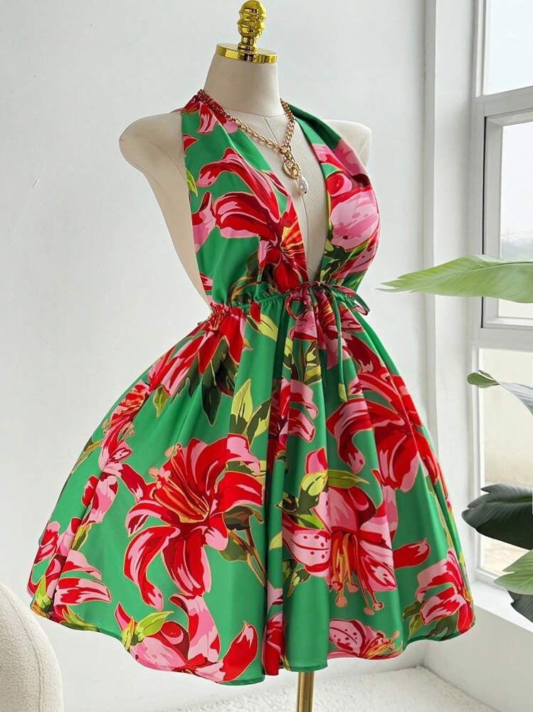 Halter Print Backless Vacation Dress Mini-Dress