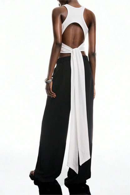 Solid-Color Wrap-Around Long Tie Design Sleeveless Round-Neck Backless Tank Top