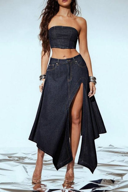 Asymmetrical Slit Denim Skirt