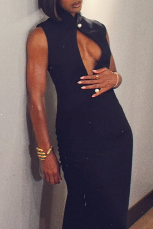 Stand Collar Cutout Sleeveless Bodycon Midi Dress