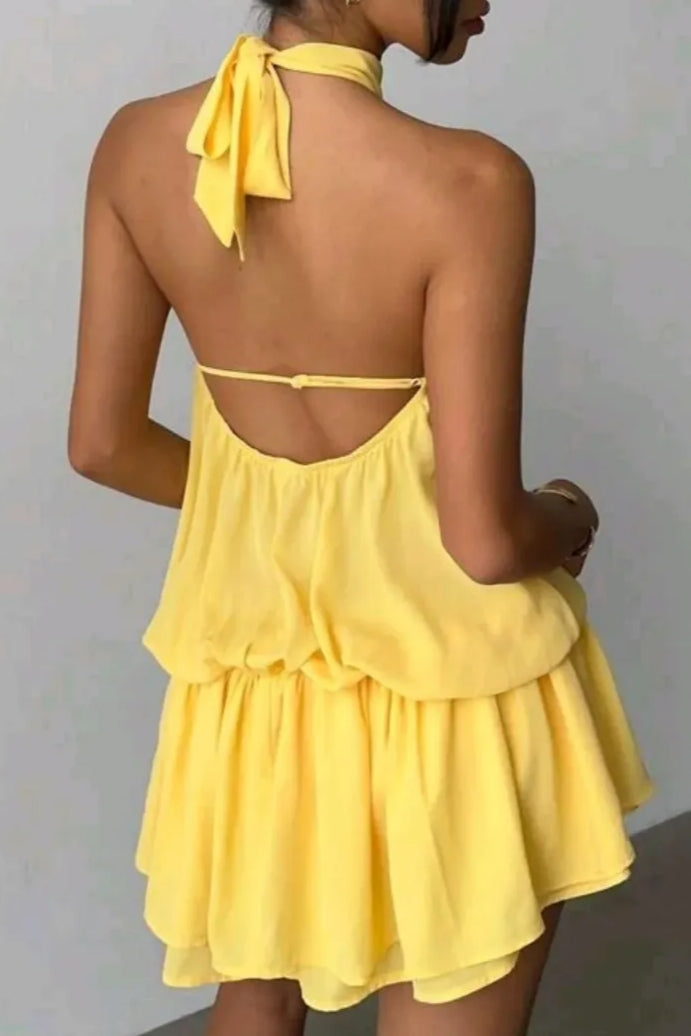 Chic Yellow Halter Neck Flowy Mini Dress
