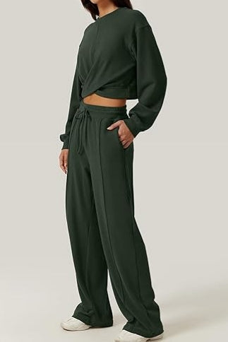 2 Piece Outfits Sweatsuit Set Twist Front Cropped Sweatshirt Wide Leg Sweatpant