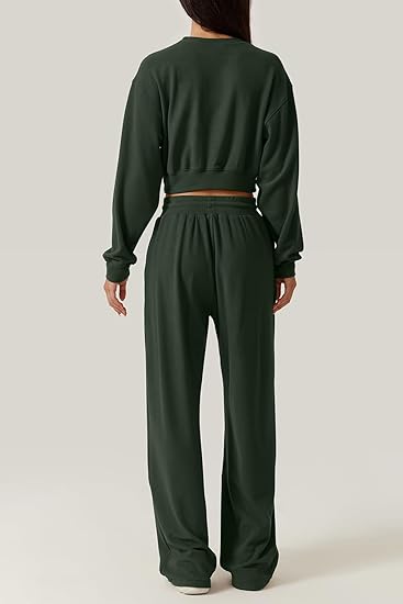 2 Piece Outfits Sweatsuit Set Twist Front Cropped Sweatshirt Wide Leg Sweatpant