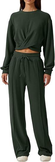 2 Piece Outfits Sweatsuit Set Twist Front Cropped Sweatshirt Wide Leg Sweatpant