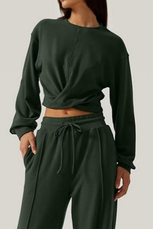 2 Piece Outfits Sweatsuit Set Twist Front Cropped Sweatshirt Wide Leg Sweatpant