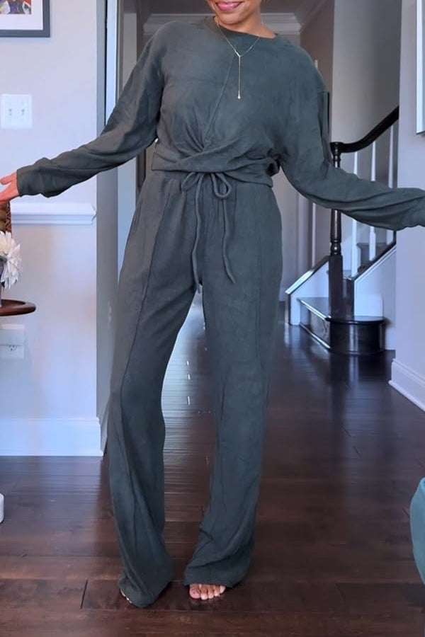 2 Piece Outfits Sweatsuit Set Twist Front Cropped Sweatshirt Wide Leg Sweatpant